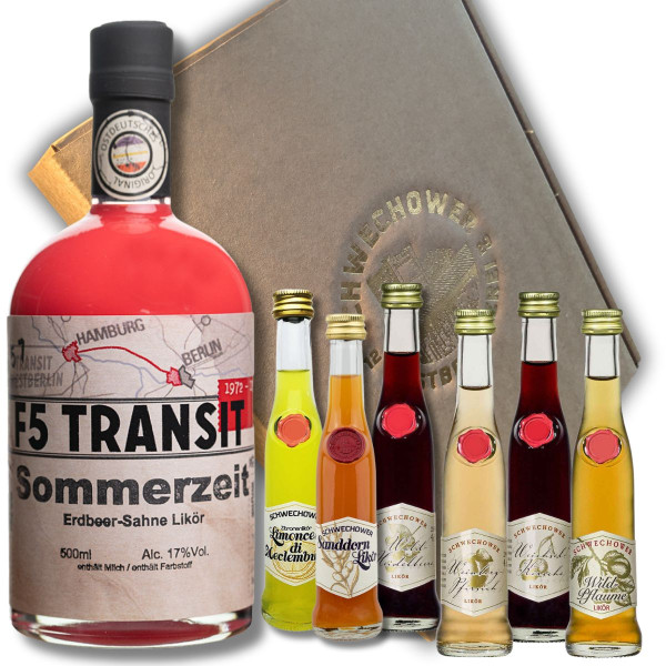 *Präsent Sommerzeit Erdbeer-Sahne Likör + 6 Kleine Liköre (Mix) im Geschenkkarton - Schnapsgeschenk